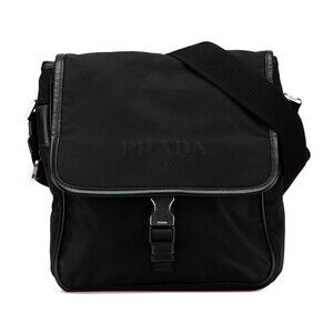Prada triangular logo plaque crossbody shoulder bag black nylon leather